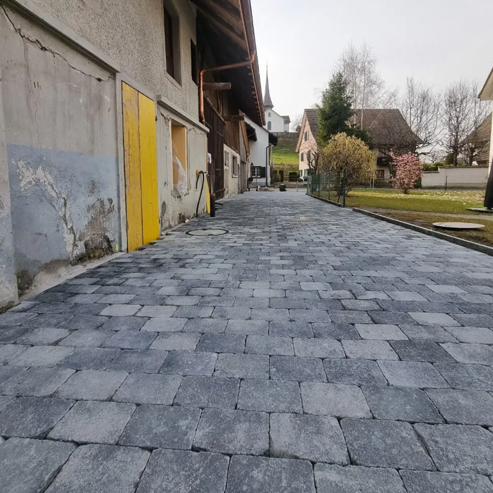 Zugang aus Betonsteinen mit ruhigem, gleichmässigem Flächenbild — Betonstein und Verbundstein in Wetzikon, Arbeit 1