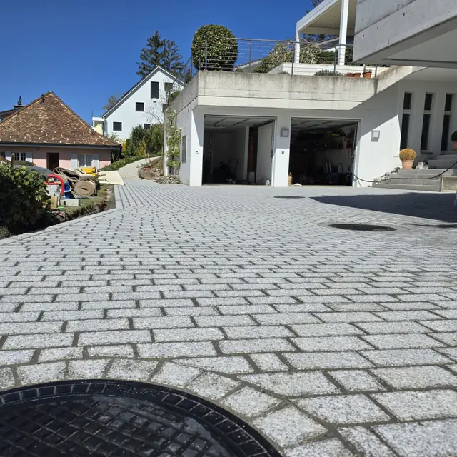 Rheinpflaster im gebogenen Verlauf entlang der Zufahrt — Rheinpflaster in Wetzikon, Arbeit 3